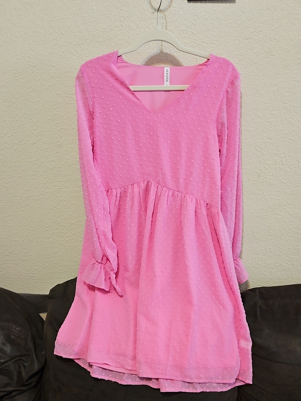 Zenana Outfitters Bright Pink Swiss Dot V-Neck Midi Dress